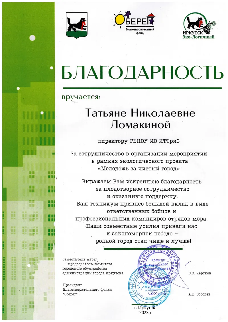 БЛАГОДАРНОСТЬ Татьяне Николаевне Ломакиной директору ГБП0У ИО ИТТриС За сотрудничество в организации мероприятий в рамках экологического проекта «Молодёжь за чистый город» 